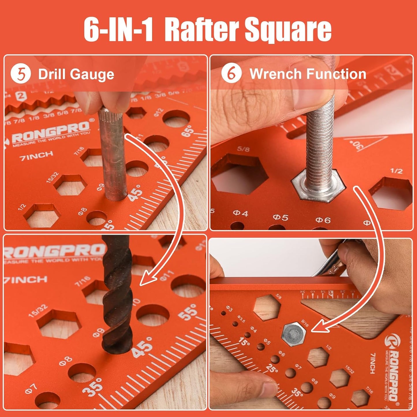 6-in-1 Carpenter Square 7 inch, Aluminum Rafter Square, Multi-Purpose Carpenter Tools : Wrench, Square, Protractor, Ruler, Marking Gauge, Drill Gauge, Includes 2pcs Carpentry Pencil (Champange)
