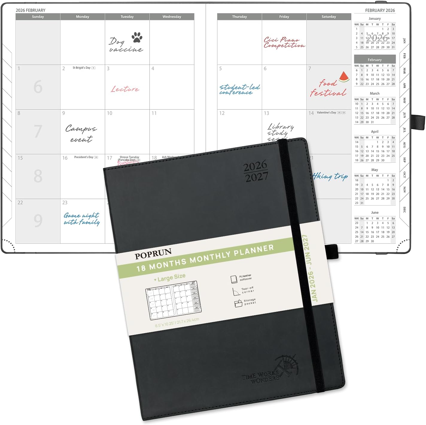POPRUN Monthly Planner 2026-2027 (Large- 8.5" x 10.5" Soft Cover), 18-Month Calendar Book (Jan.2026 - Jun. 2027), Calendar Planner with Monthly Tabs & Pocket, 100 GSM Paper - Black