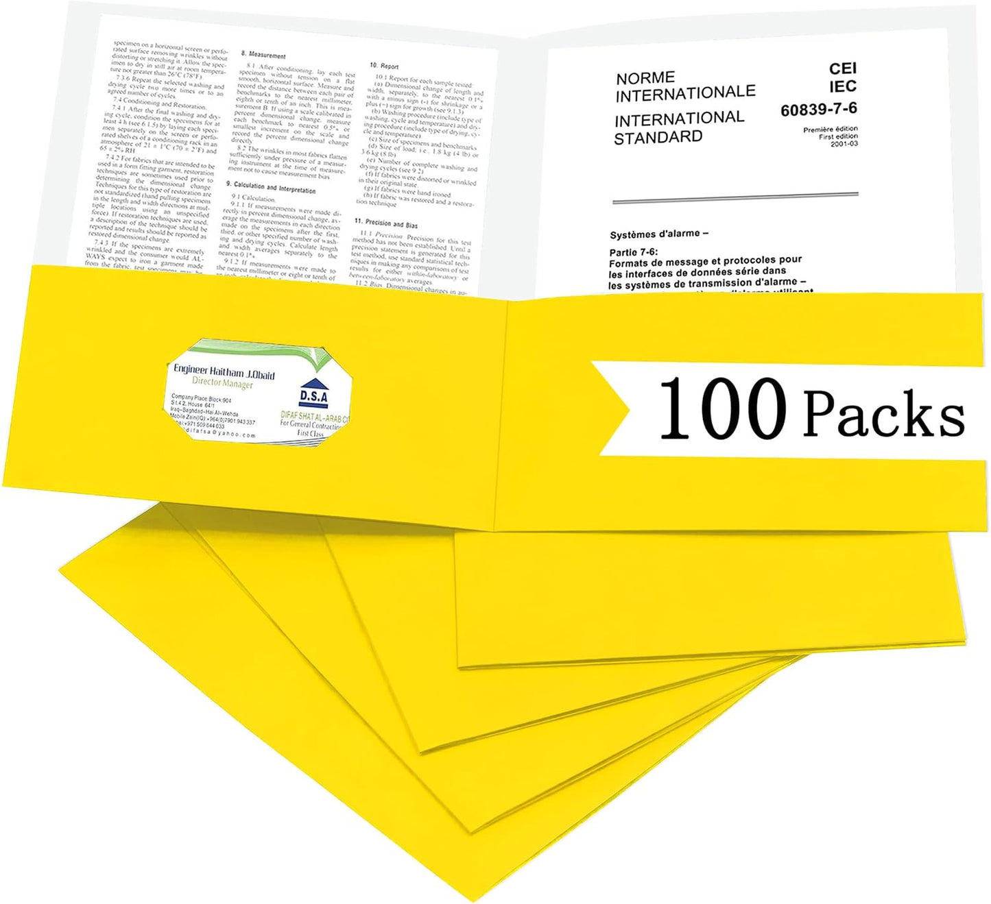 Zzrywuty 100 Packs Two Pocket File Folders with Business Card Slot,Textured Paper,Letter Size,Holds 100 Plus Sheets for School,Office,Business,Yellow