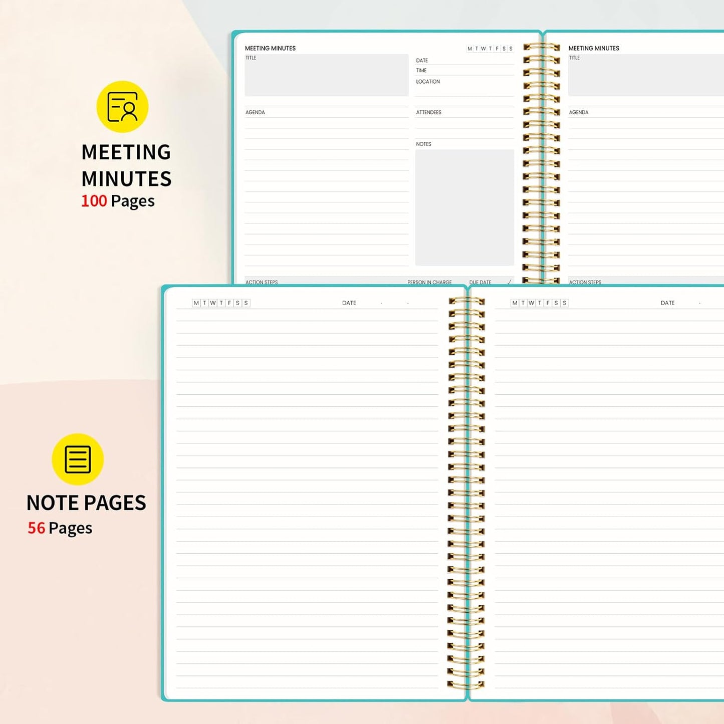 SUNEE Meeting Notebook for Work with Action Items - 160 Pages, A4 Size Project Planner, Spiral Meeting Agenda/Minutes Notebook Organizer for Women Men, Note Taking, Office & Business, 8.5"x11", Teal