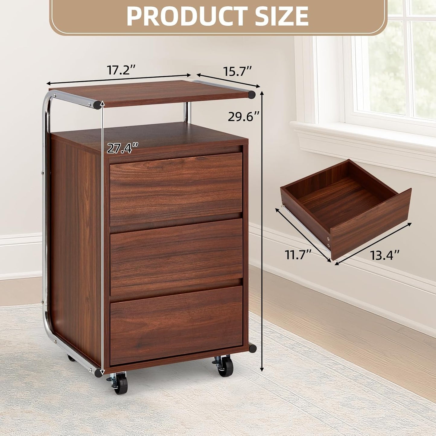 JOMEED 3 Drawer File Cabinet with Extended Desktop Lockable Wheels Under/Beside Desk Storage and Organizer Cabinet for Home Office, Small Rolling File Chest, Printer Stand, Modern Style, Walnut, Large