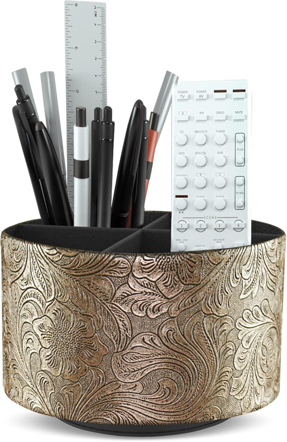 lizimandu Round Leather Art Supply Organizer,Remote Control Holder,360 Degree Spinning,Multi-Functional Pencil Holder,4 Compartments Desktop Stationary Organizer(1-Gold)