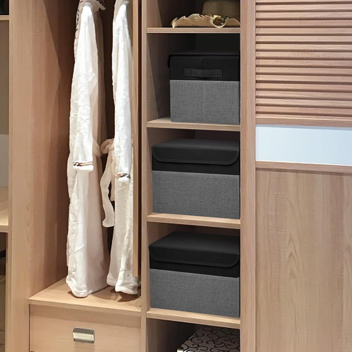 Large 17" 42 Quarts Collapsible Stackable Storage Bins with Lids [3-Pack] Foldable Fabric Linen Storage Boxes Cube, Closet Organizer Baskets with Label for Home (16.7 x 12 x 12", Black & Gray)