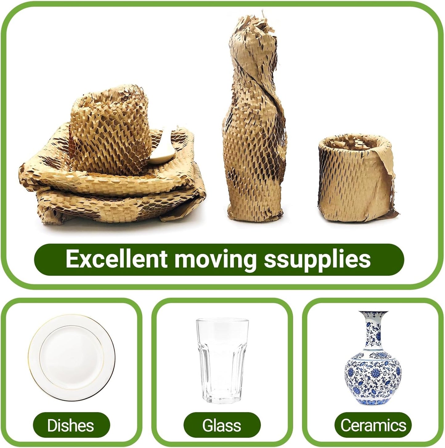 Dish Packing Kit Moving Supplies 15" x660' Honeycomb Wrapping Paper, Large Recyclable Expandable Bubble Cushion Wrap Roll Packing Material for Fragile Items Breakables Plate Glassware Bottle, 80GSM