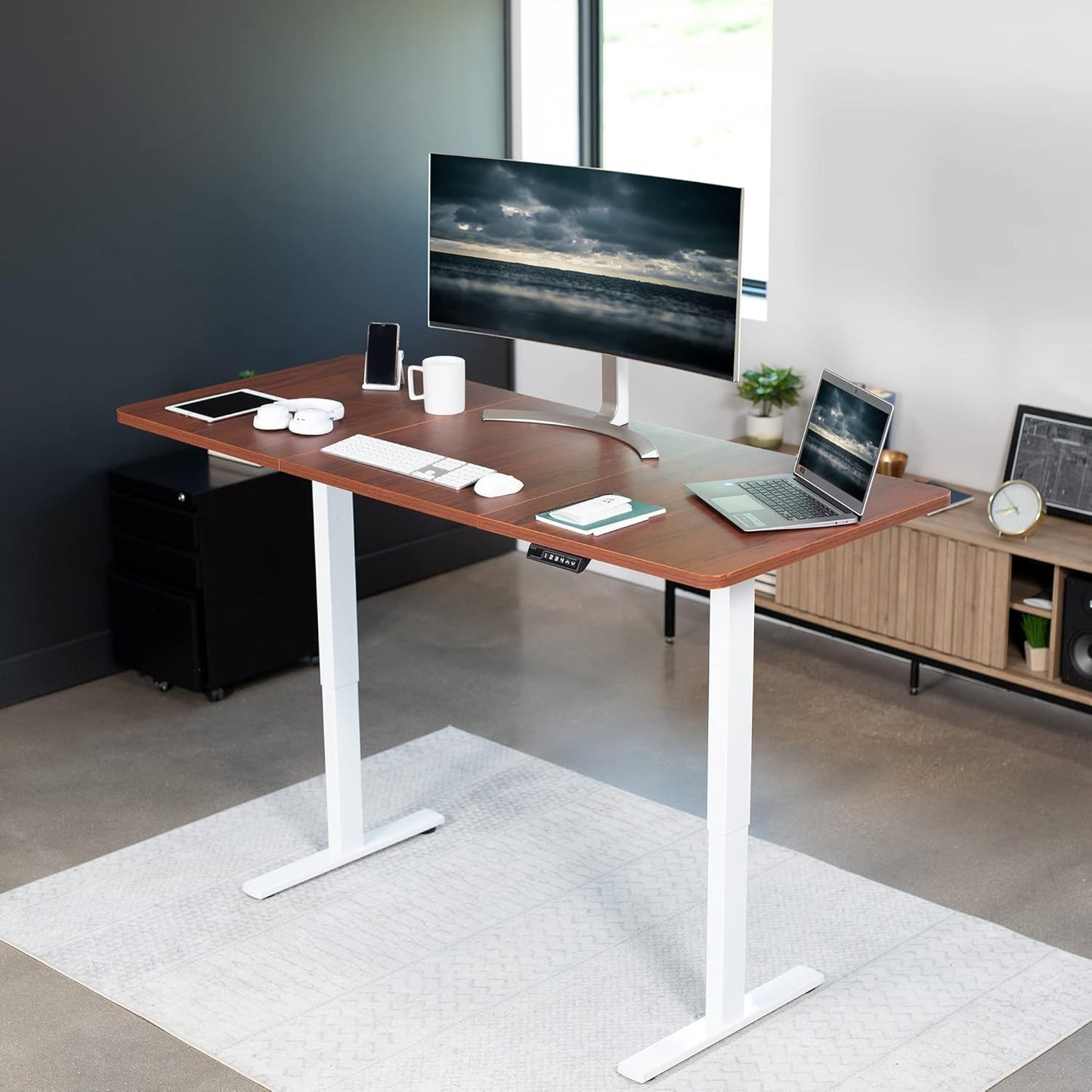 VIVO Electric 71 x 30 in Standing Desk, Memory Height Adjustment, 1B Series, Dark Walnut Top White Frame, DESK-KIT-1W7D