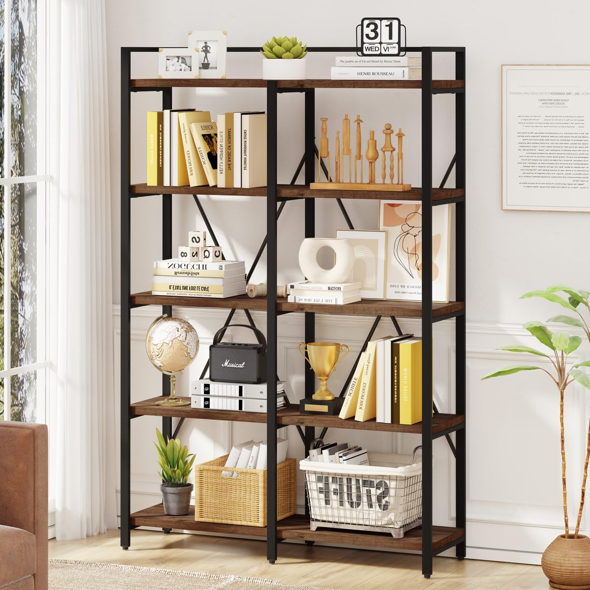 BON AUGURE Industrial Bookshelf, Bookcases and Bookshelves Etagere, Tall Large Farmhouse Book Shelves, 5 Tier Open Bookcase, Wood Metal Shelving Unit for Bedroom, Office (Rustic Oak)