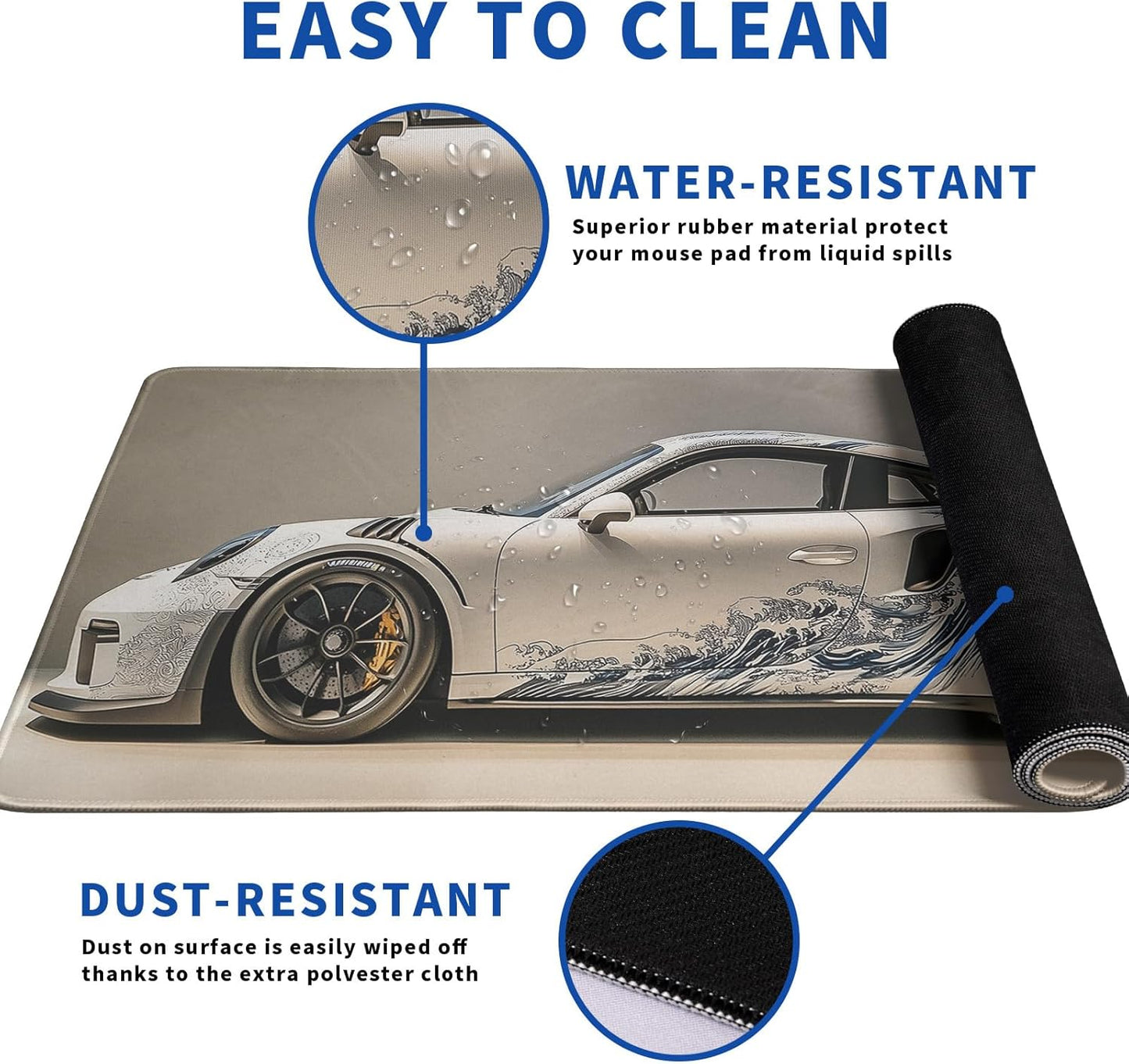 White Ukiyo-e Style Sports Car Mouse Pad Abstract White Mouse Pad 31.5x11.8 Inch Texture Non-Slip Rubber Base Large Mousepad Stitched Edges Keyboard Mouse Mat Desk Pad for Office