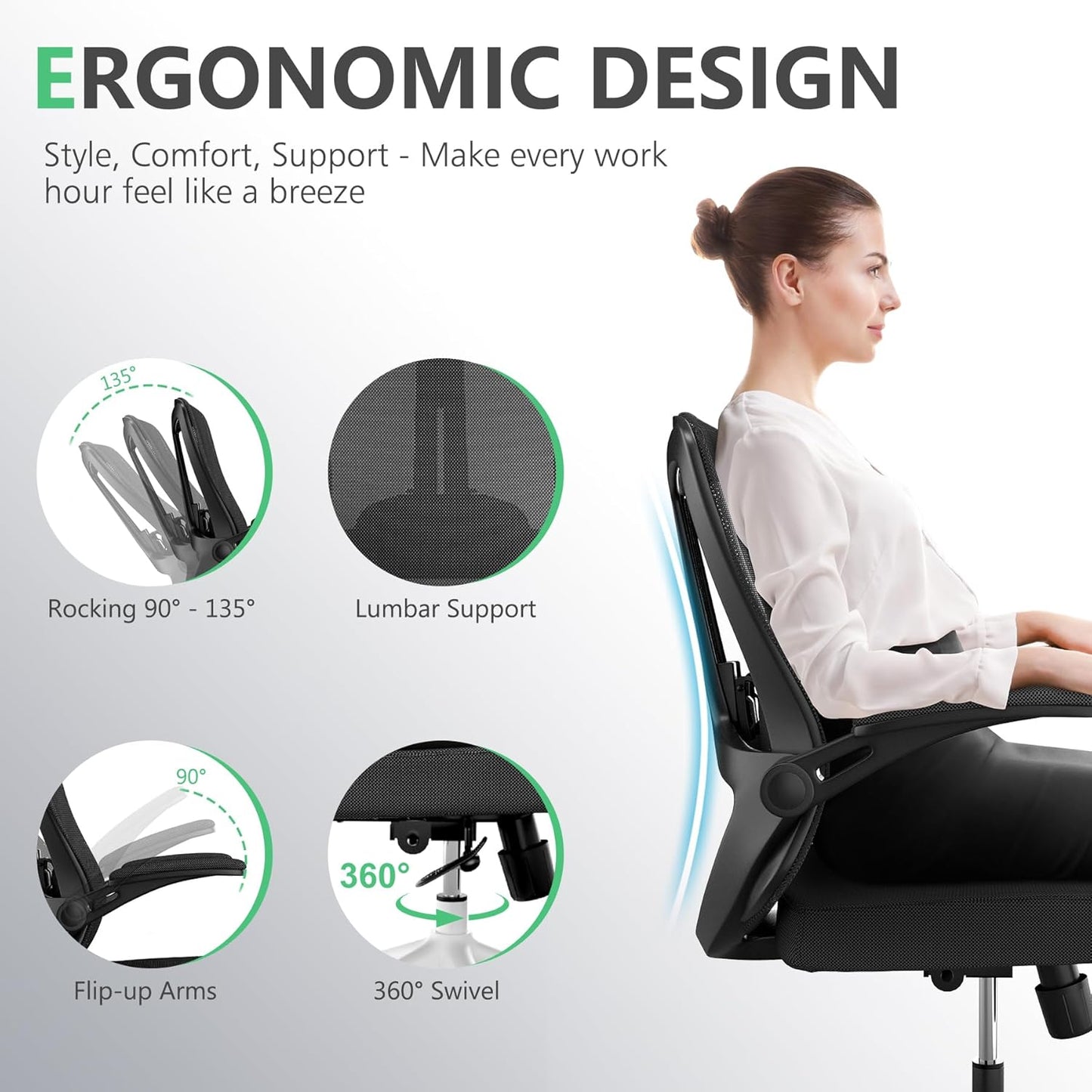 Executive Office Chair, Ergonomic Comfort Home Desk Chair, Mid Back Gaming Chair with Wheels, Adjustable Height, Lumbar Support, Flip-up Armrest with 350LBS Capacity