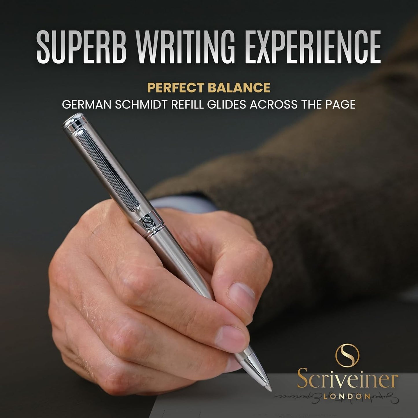 Scriveiner Stainless Steel Ballpoint Pen - Stunning Luxury Pen with Stainless Steel Finish, Schmidt Black Refill, Best Ball Pen Gift Set for Men & Women, Professional, Executive, Office, Nice Pens