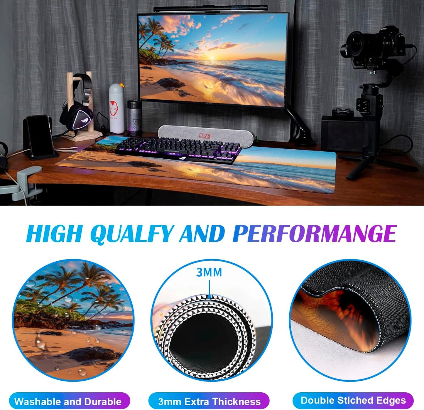 Extra Large and Beautiful Sunset Ocean Scenery Game Mouse Pad, Extended Stitched Edge Office Decoration Computer Laptop Keyboard Pad 35.4 x 15.7 Inches