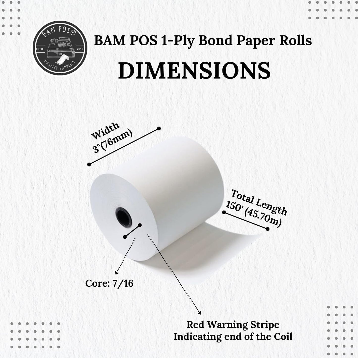 Bright White 3" x 150' 1-Ply Bond Receipt Paper Rolls (12 Rolls)