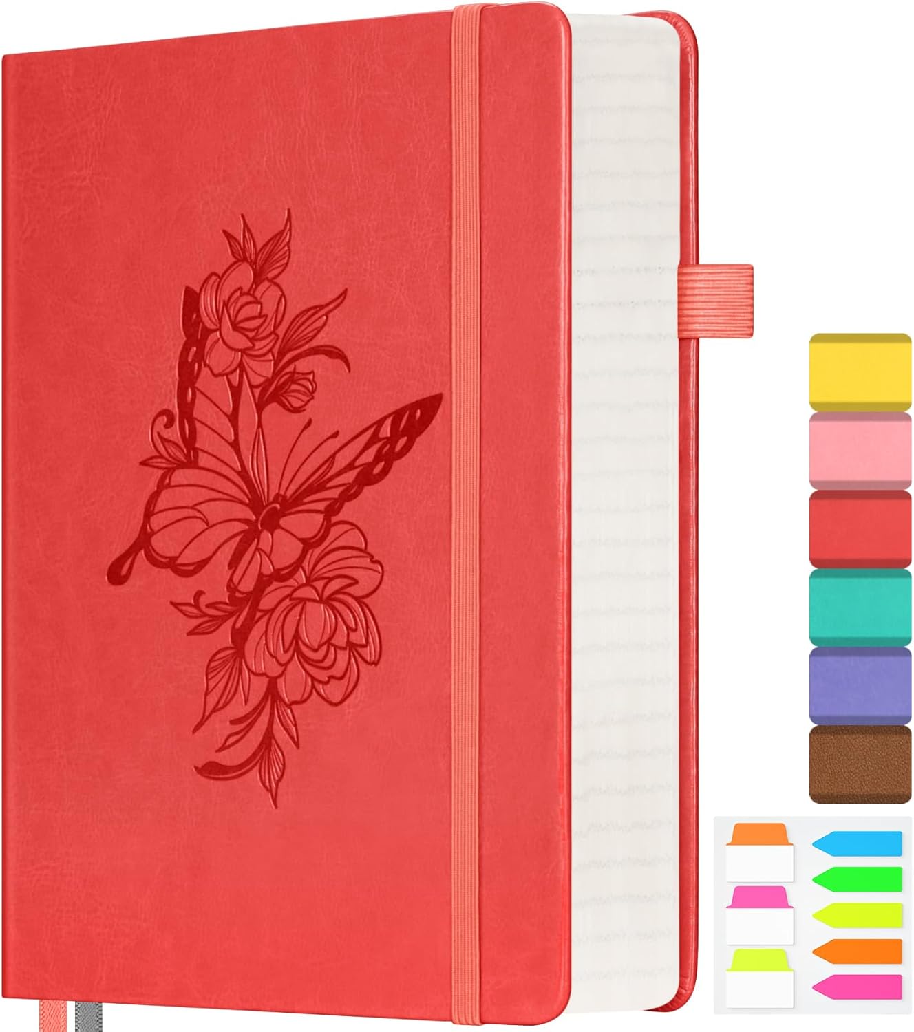 Lined Notebook Journal for Women, 312 Numbered Pages A5 Thick Leather Journal, 100gsm Paper Daily Journal for Work Travel, Hardcover College Ruled Notebook, Giftable Butterfly Floral Notebook, Red