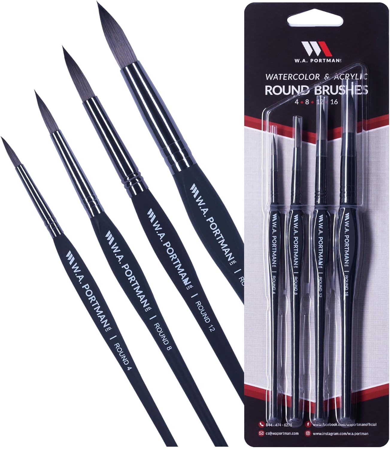 WA Portman Round Acrylic and Watercolor Paint Brushes 4pc Set - 100% Vegan, Cruelty-Free Round Paint Brushes for Acrylic Painting and Watercolor Painting with Triangular Comfort Grip
