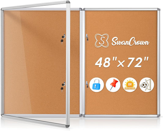 SWANCROWN Enclosed Bulletin Board 48x36 in, Tamperproof Lockable Cork Board Wall Display Case for Office School Home, Aluminum Frame, 2PCS