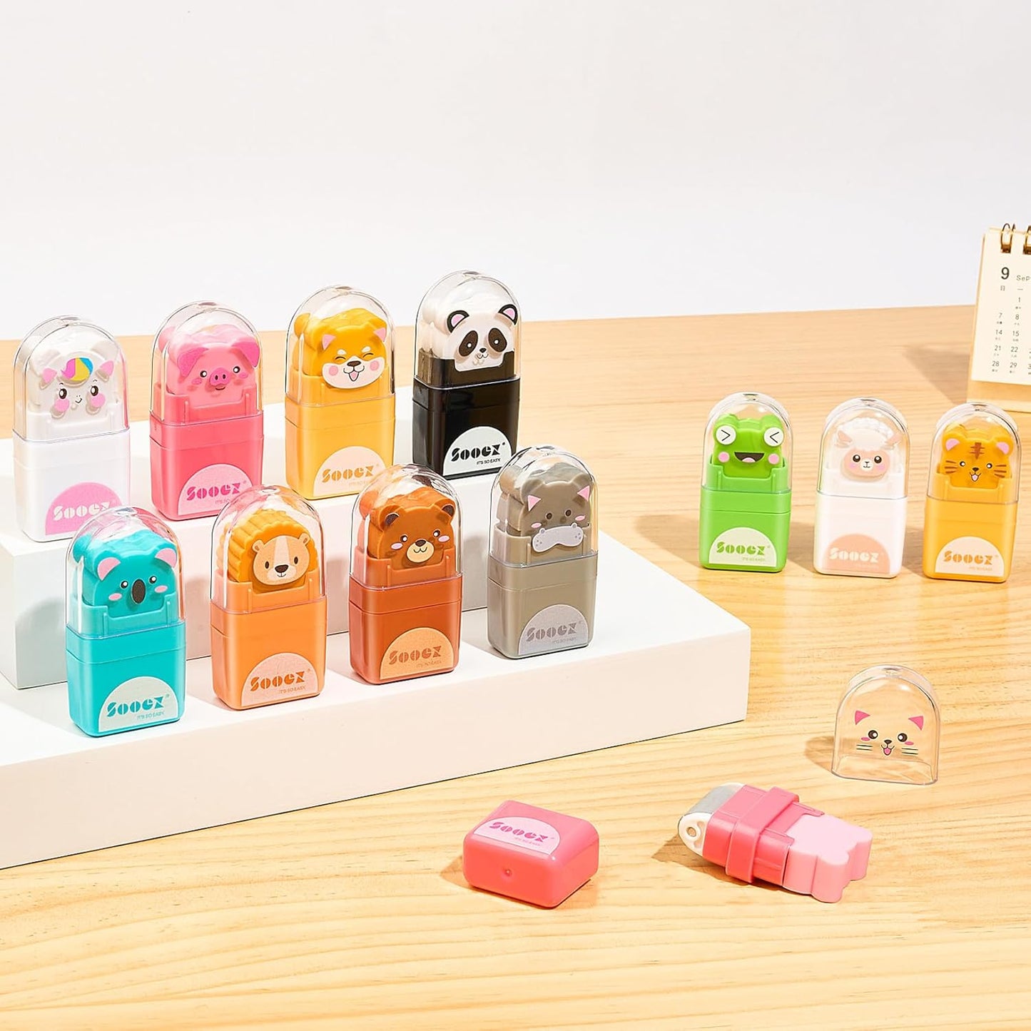 Sooez 12 Pack Pencil Erasers with Clean up Roller, Cute Erasers for Kids, Animal Fun Eraser with Shaving Roller and Cover, for Teacher Class Favor School Supplies Home Office Party