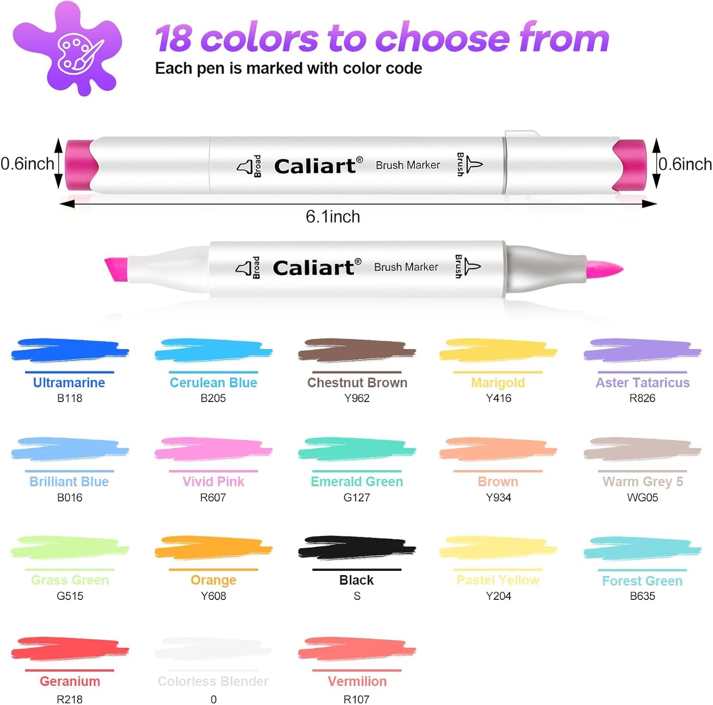 Caliart 18 Colors Brush & Chisel Permanent Alcohol Markers, Dual Tip Artist Sketch Art Markers Set for Adult Coloring Book, Aesthetic Cute School Supplies, Pens for Drawing Coloring Illustrations