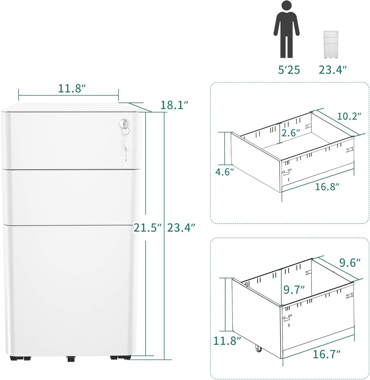 YITAHOME 3-Drawer Metal Filing Cabinet Office Drawers with Keys, Compact Slim Portable File Cabinet, Pre-Built Office Storage Solution for A4/Letter/Legal, White