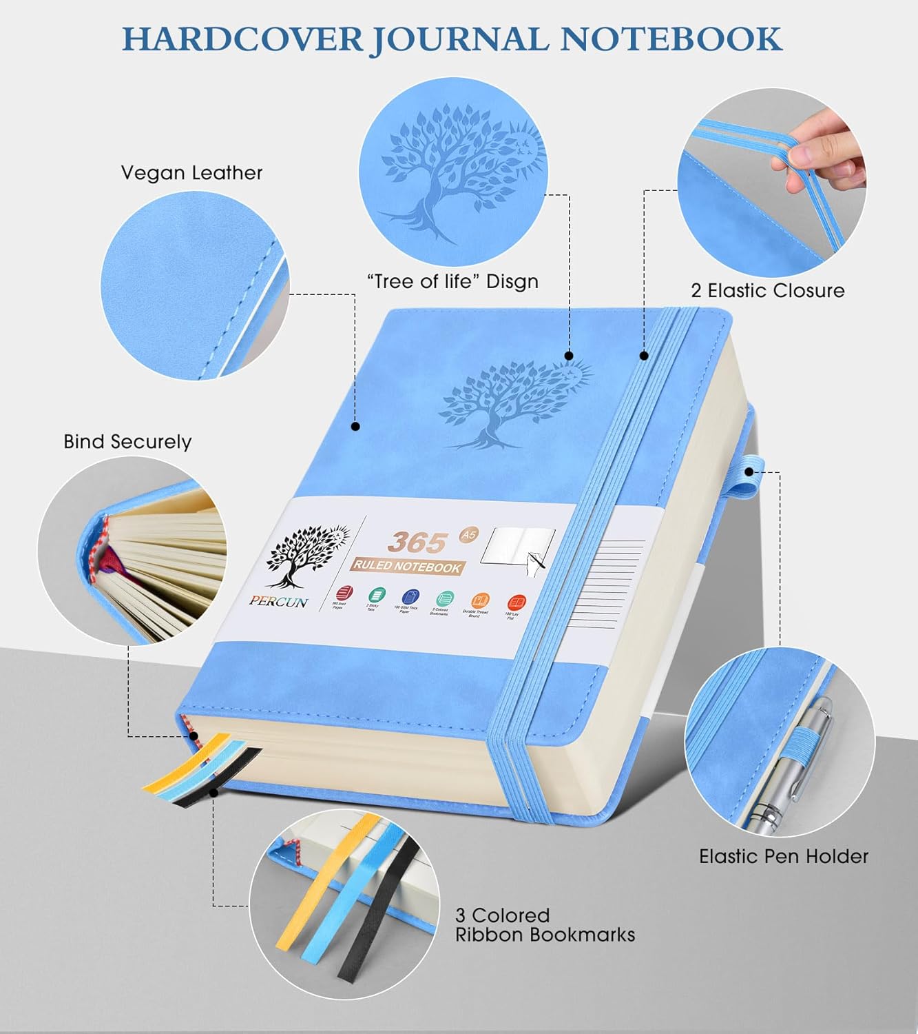 A5 Lined Journal Notebook - 365 Page Leather Journals for Writing Women & Men，Hardcover Notebook with 100Gsm Thick Pages，Daily Diary for Travel, Work，School，Note Taking，College Ruled (5.9" x 8.5")