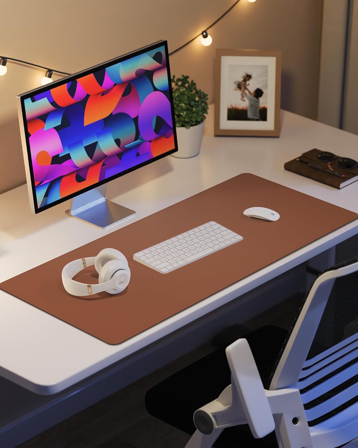 Large Desk Mouse Pad Protector, Stitched Locking Edge Non-Slip PU Leather Desk Mat Laptop Table Pad Blotter, Waterproof Durable Writing Pad for Office and Home (Brown, 120 x 43cm)