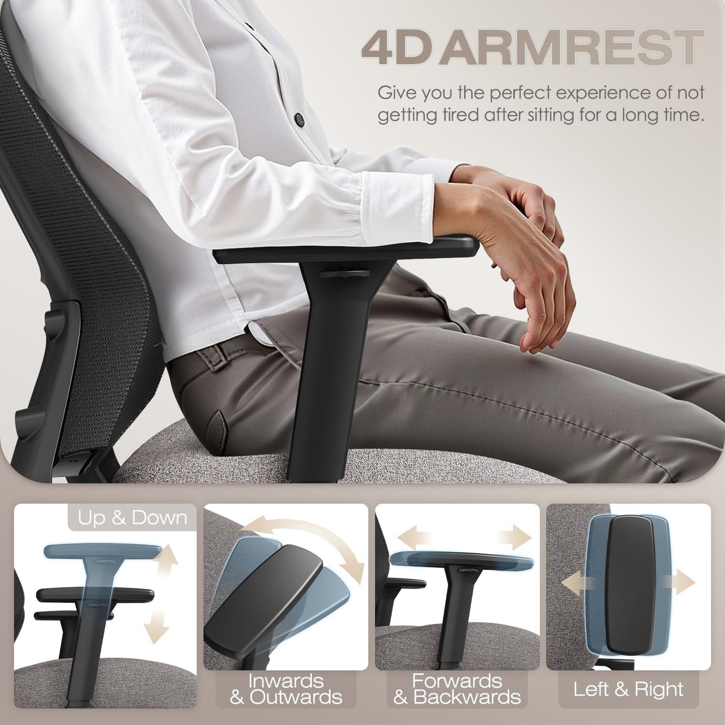 T96C Ergonomic Home Office Chair, Mesh Computer Desk Chair with 4D Armrests, Adjustable Lumbar Support,Tilt Function, Executive Rolling Swivel Task Chair for Long Hours (Stone)