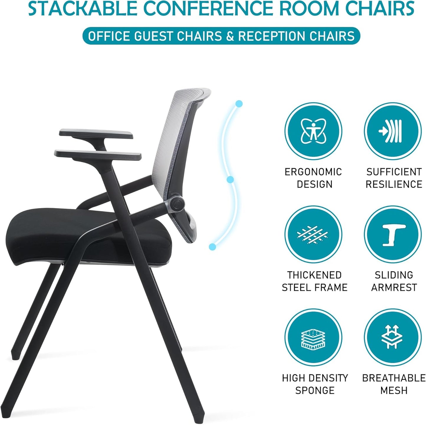 Conference Room Chairs, Folding Office Desk Chair with Lumbar Support and Sliding Armrest with Casters, Stackable Office Guest Chairs & Reception Chairs(4 Pack)