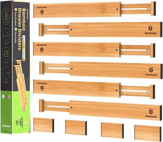 ANTOWIN Bamboo Drawer Dividers, Expandable Drawer Separators Splitter, 17-22 inches Adjustable Spring-loaded Organizer for Large Utensil, Clothes, Tools Drawers, 6 Pack Dividers + 4 Pack Baffle