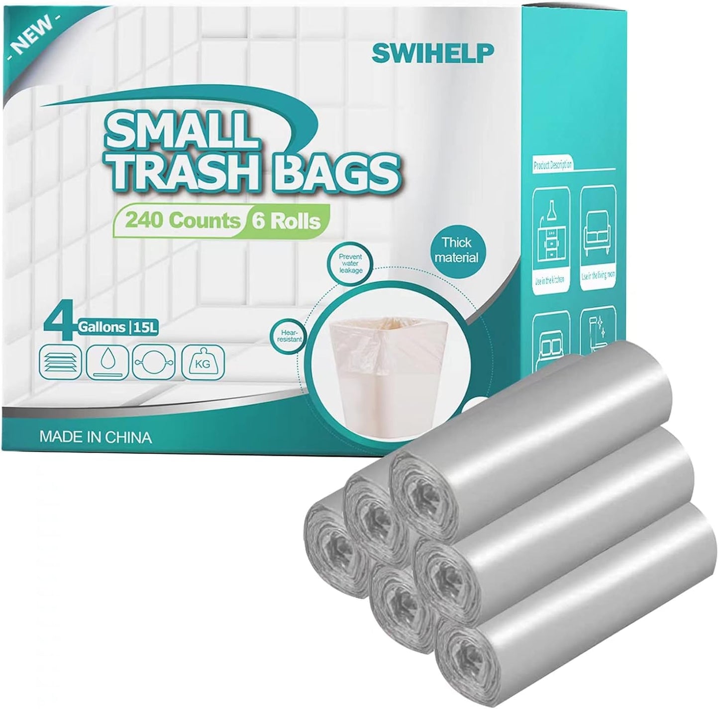 SWIHELP Trash Bags, 4 Gallon / 15 Liters Small Garbage Bags for Office, Kitchen,Bedroom Waste Bin,Colorful Portable Strong Rubbish Bags,Wastebasket Bags 240 Counts