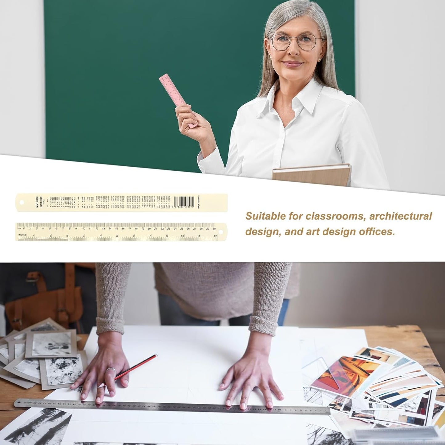 HARFINGTON 6pcs Metal Straight Ruler 30cm Metric SAE Aluminum Alloy Measuring Rulers Scale Tool with Hole for Measure Study Reading Classroom Office, White