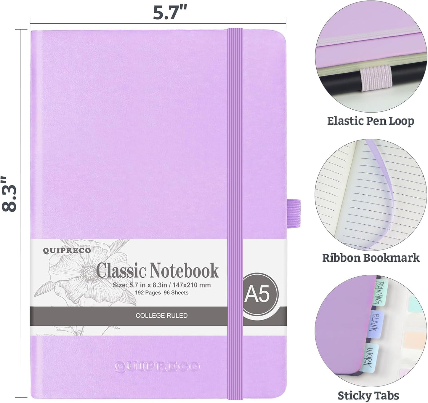 Hardcover Lined Bullet Dotted Journal Notebook, A5 140 192 Pages 100 120Gsm Paper College ruled for School,Work,Travel,and Daily Planning，5.7''*8.3'' (1, Lavender, A5 Lined)