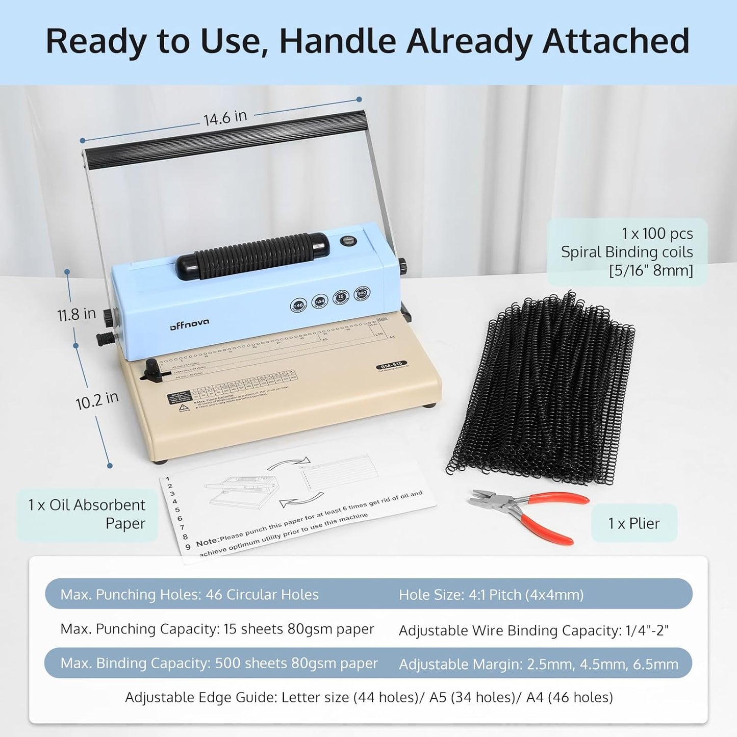 OFFNOVA Spiral Binding Machine, Spiral Coil Binder with Electric Coil Inserter, Easy to Punch Handle, Adjustable Side Margin, for Letter/A4/A5, Includes 100pcs 5/16" Plastic Coils & Crimper Plier