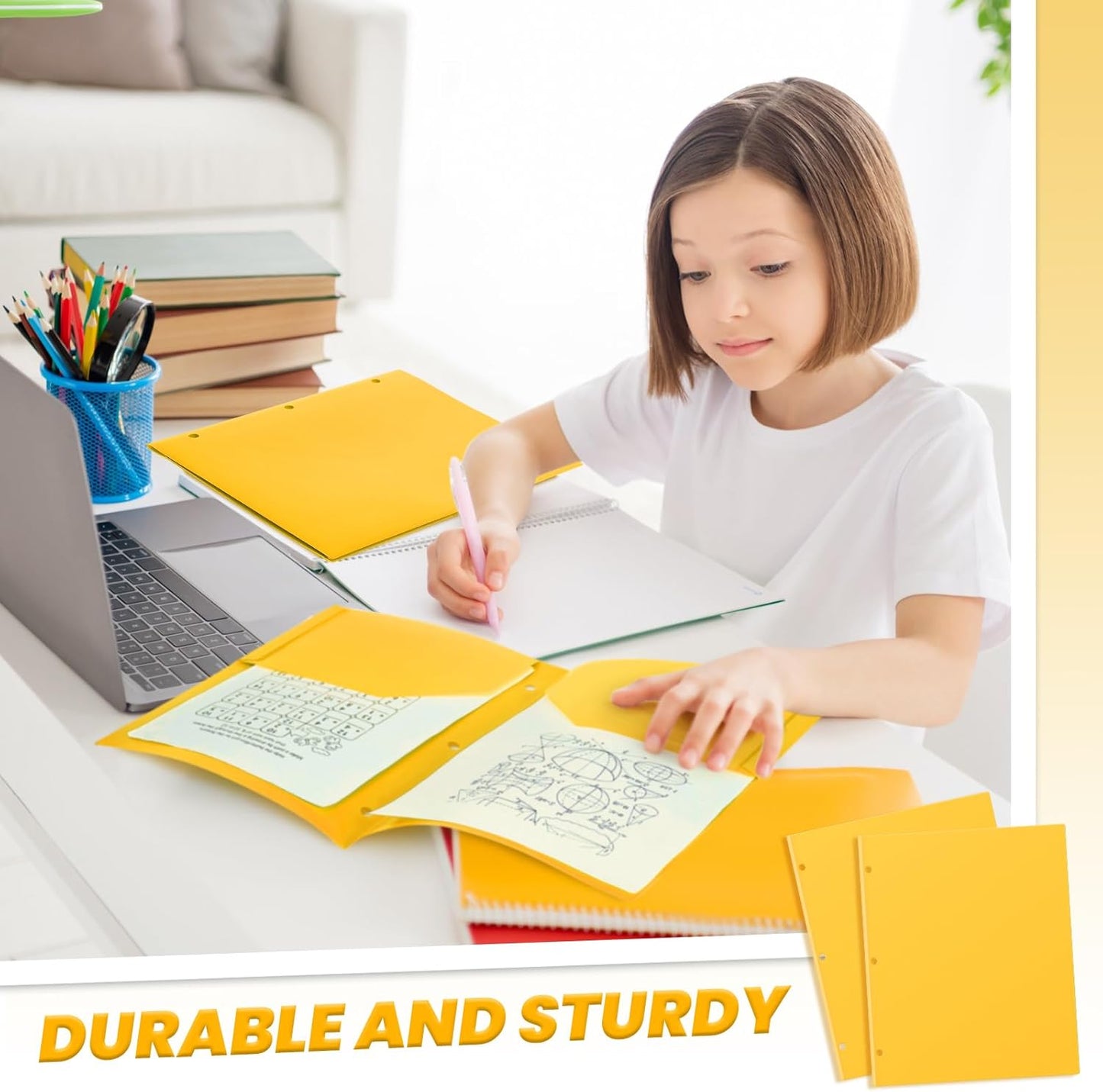 Yeaqee 100 Pcs Plastic Folders with Pockets Bulk 3 Hole Punched 2 Pocket File Folders for 3 Ring Binder Divider Folder for Notebooks, Durable Poly for Office Home (Yellow)