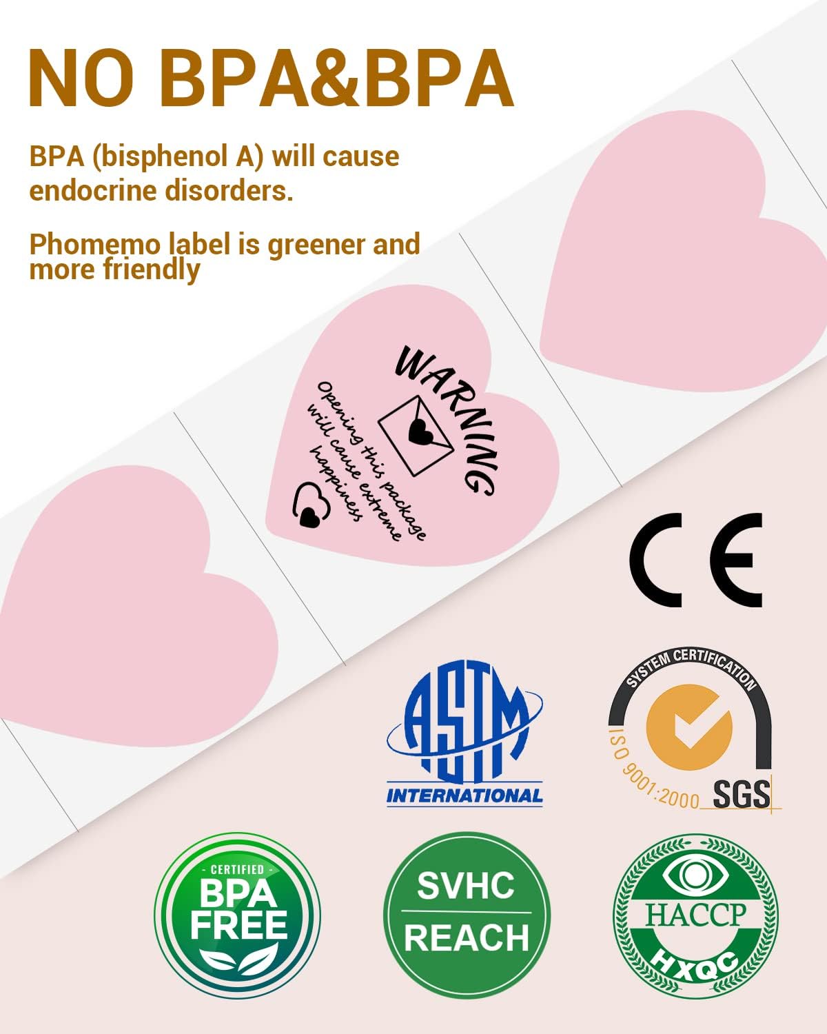 Phomemo 3" Pink Thermal Labels for Shipping Label Printer - Cute Label for Small Business Supplies - 500 Pink Labels/Roll, Cute Heart Stickers Roll for Custom Stickers Personalized & Business