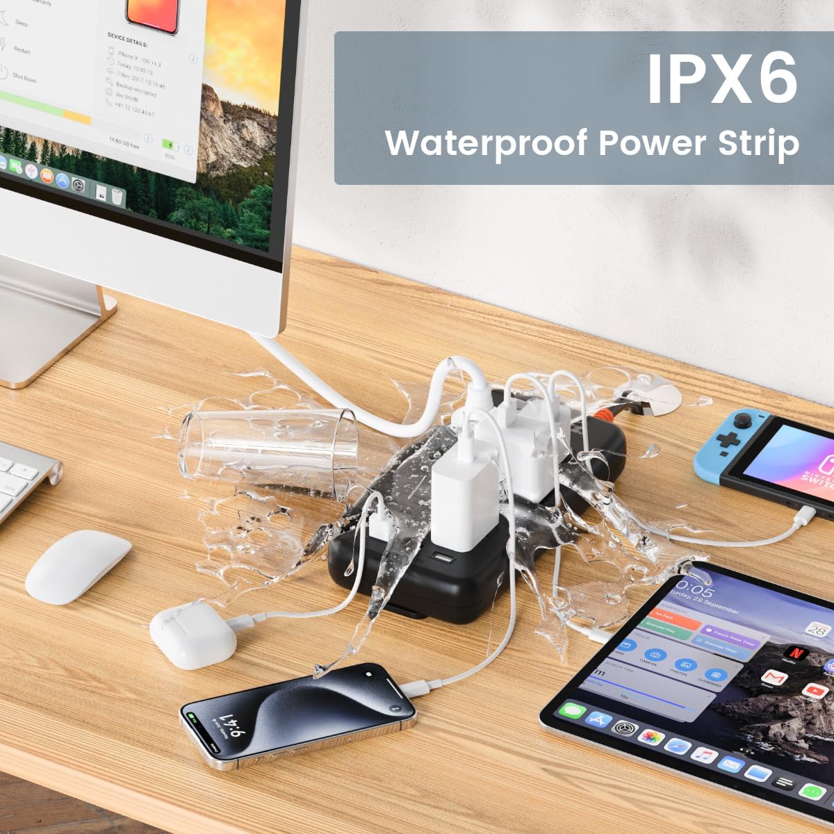 Power Strip Weatherproof, 10-in-1 Surge Protector with 6 Wide Outlets 2USB A and 2USB C,1875W/15A, 6FT Flat Plug Multi-Plug Outdoor Extension Cord for Indoor Outdoor, UL FCC Listed