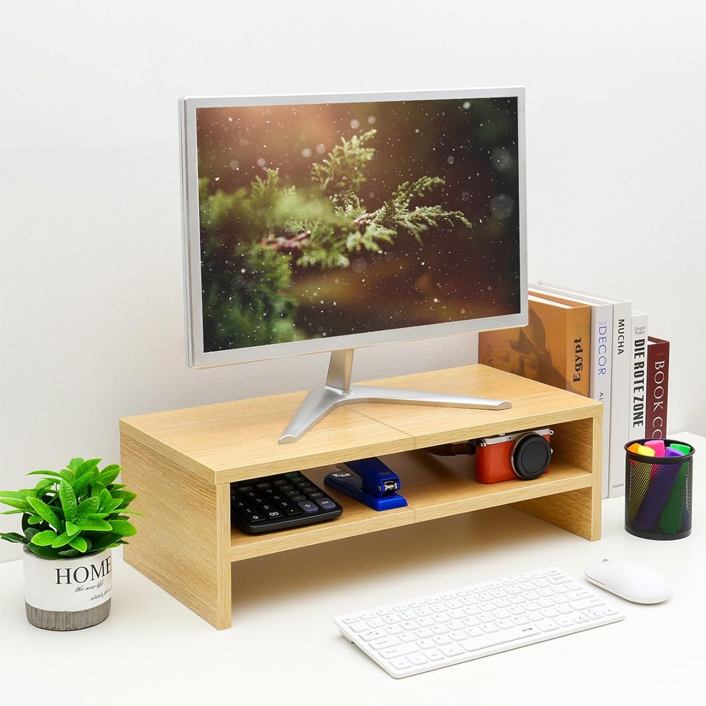 TEAMIX 2 Tiers Desktop Monitor Stand Riser 20 Inch Printer Stand with Storage Small TV Riser Laptop Wooden Desk Organizer Shelf Bookshelf Maple (Natural Maple, 2 tiers)