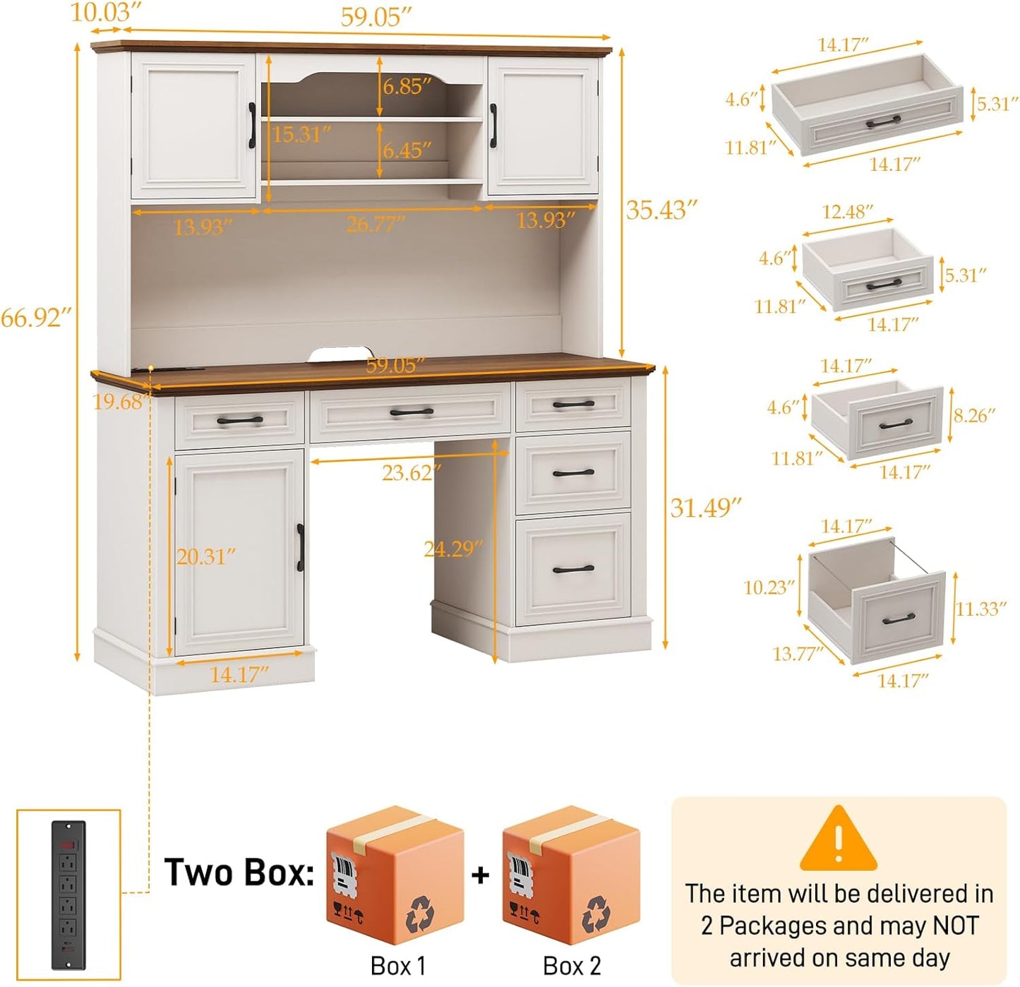 67" H Farmhouse Executive Desk with Hutch. Wood Workstation with 5 Drawers, Storage Cabinet, File Drawers and Charging Station, Ideal as Office Desk, Computer Desk for Home Office and Study