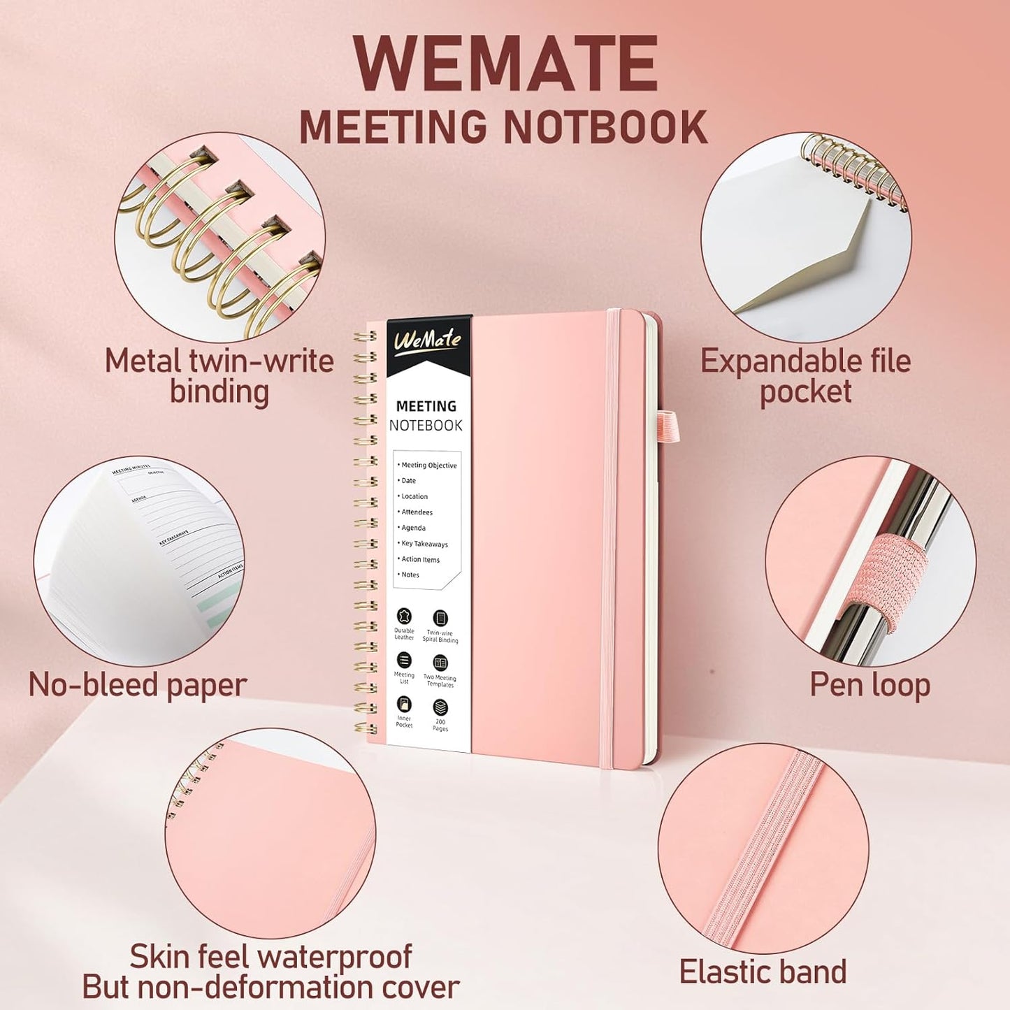 WEMATE Meeting Notebook for Work B5 (7"x10") - PU Leather Work Notebook with Agenda, Action Items & Notes - 200 Pages for Men&Women, Staff and Students, Meeting, Projects Planning -Rose Gold