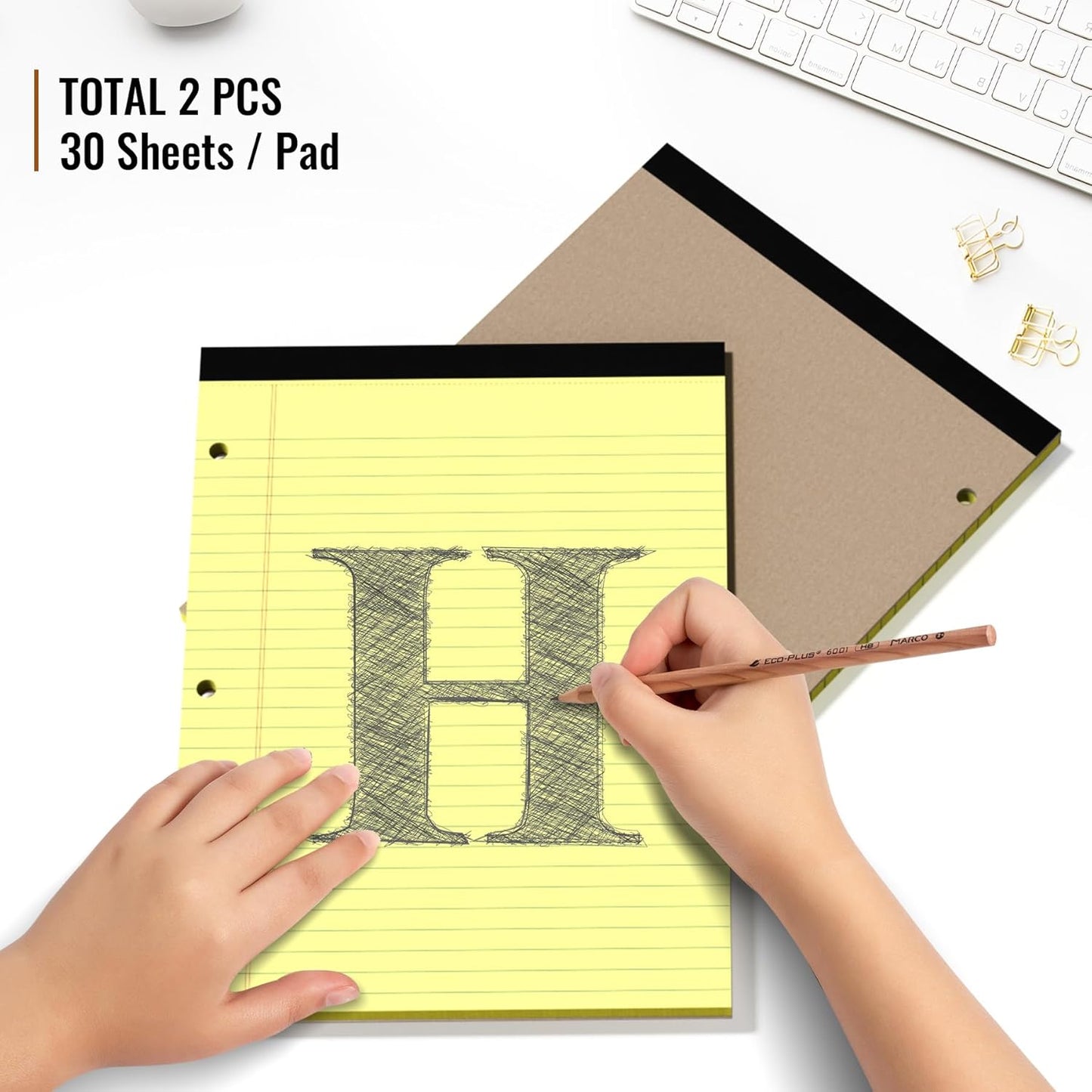 HAUTOCO 8.5 x 11 Legal Pads 2 Pack Yellow Wide Ruled Lined Writing Note Pads Perforated Notepad, 30 Sheets Per Notepad, 3-Hole Punched Paper for School, Office