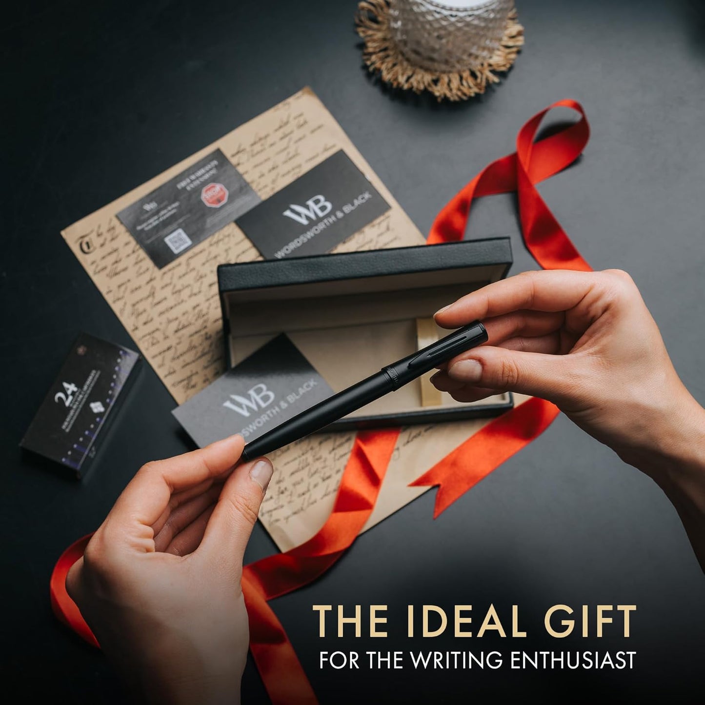 Wordsworth & Black Fountain Pen Set, Medium Nib, Includes 24 Pack Ink Cartridges, Ink Refill Converter & Gift Box, Calligraphy, [All Black], Perfect for Men & Women