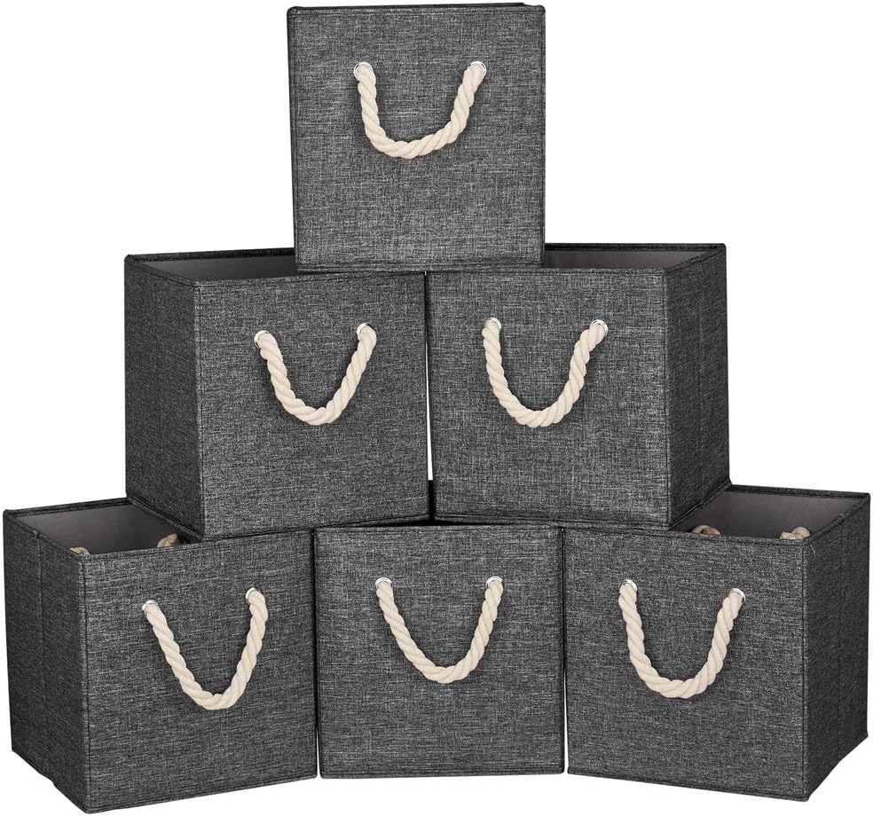 10.5 Inch Fabric Storage Boxes Bins and Cubes - Foldable Storage Basket with Grey Inserts, Package of 6
