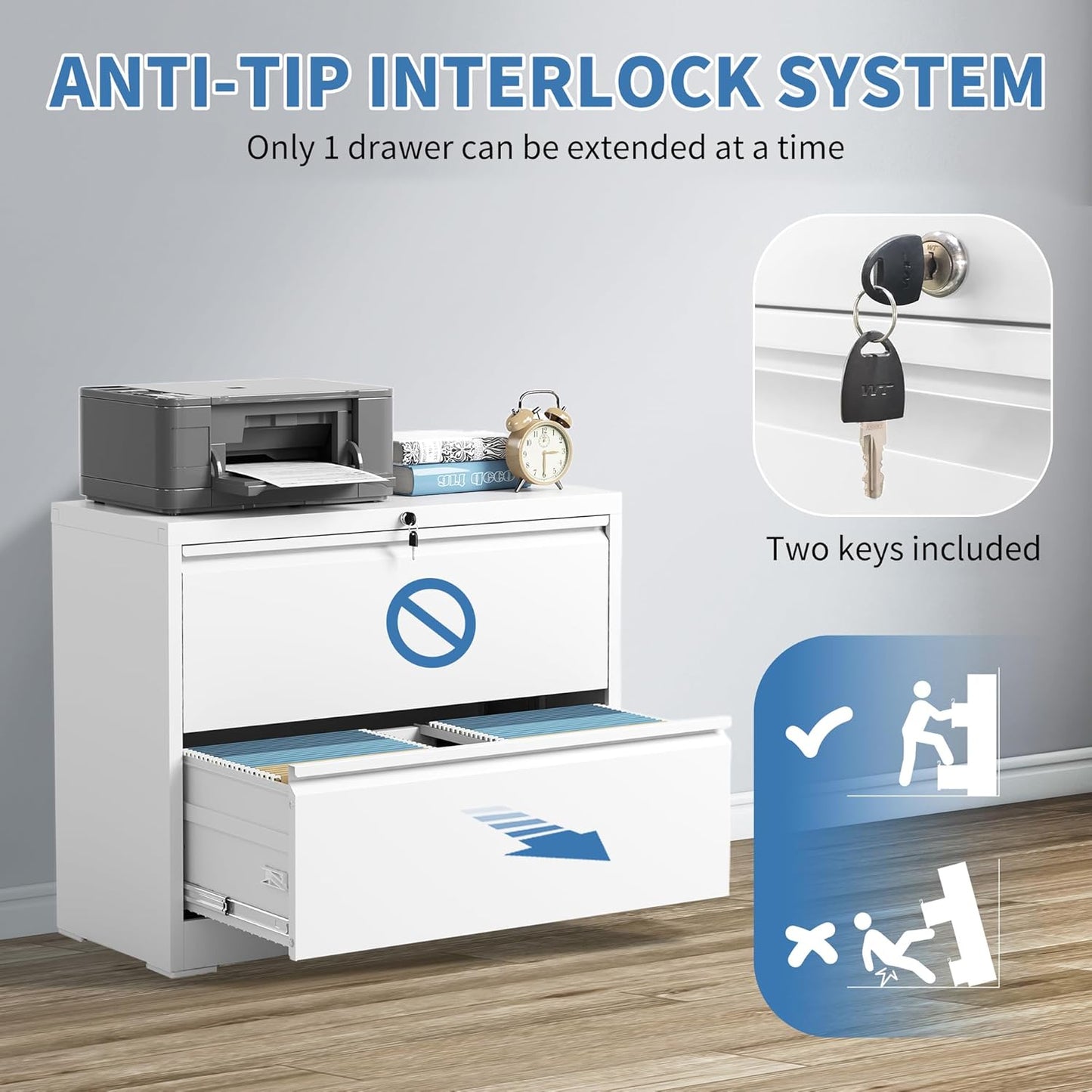 File Cabinets 2 Drawer, Metal Office Storage Filing Cabinet with Lock, White Lateral Filing Cabinet for Home Office,Horizontal Two Drawer File Cabinets for Legal/Letter,Assembly Require,White