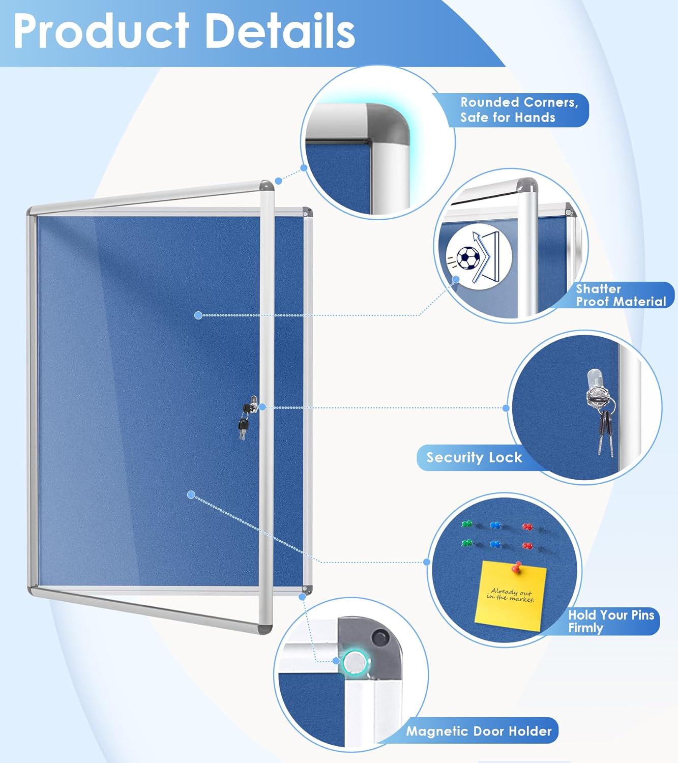 SWANCROWN Pins Bulletin Board Enclosed Wall-Mounted Secure Display Board for Notice Message with Door and Keys,38x28inches(9xA4)