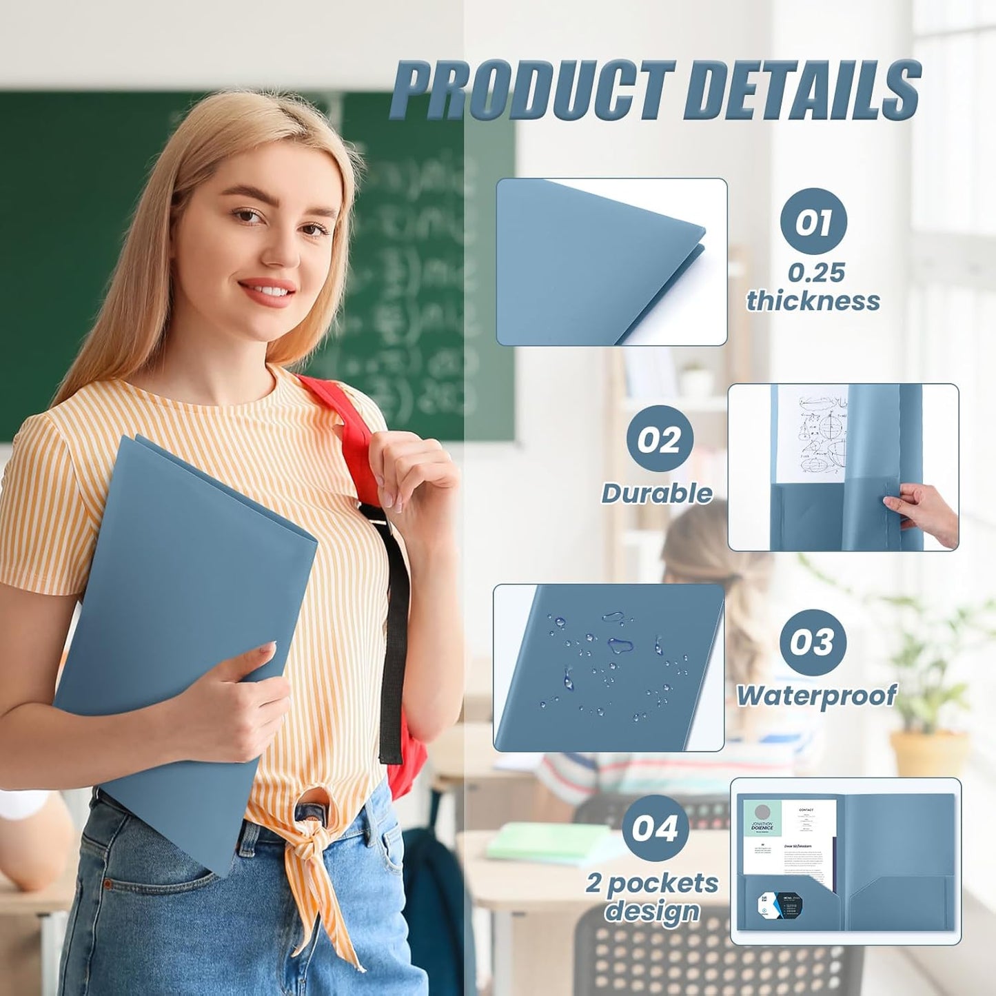 Gueevin 100 Pcs Two Pocket Folders Bulk Plastic File Folder with 2 Pockets Letter Size Paper Heavy Duty Durable Portfolios Case for Home Office School Business 11.61 x 9.45 Inch (Blue Grey)