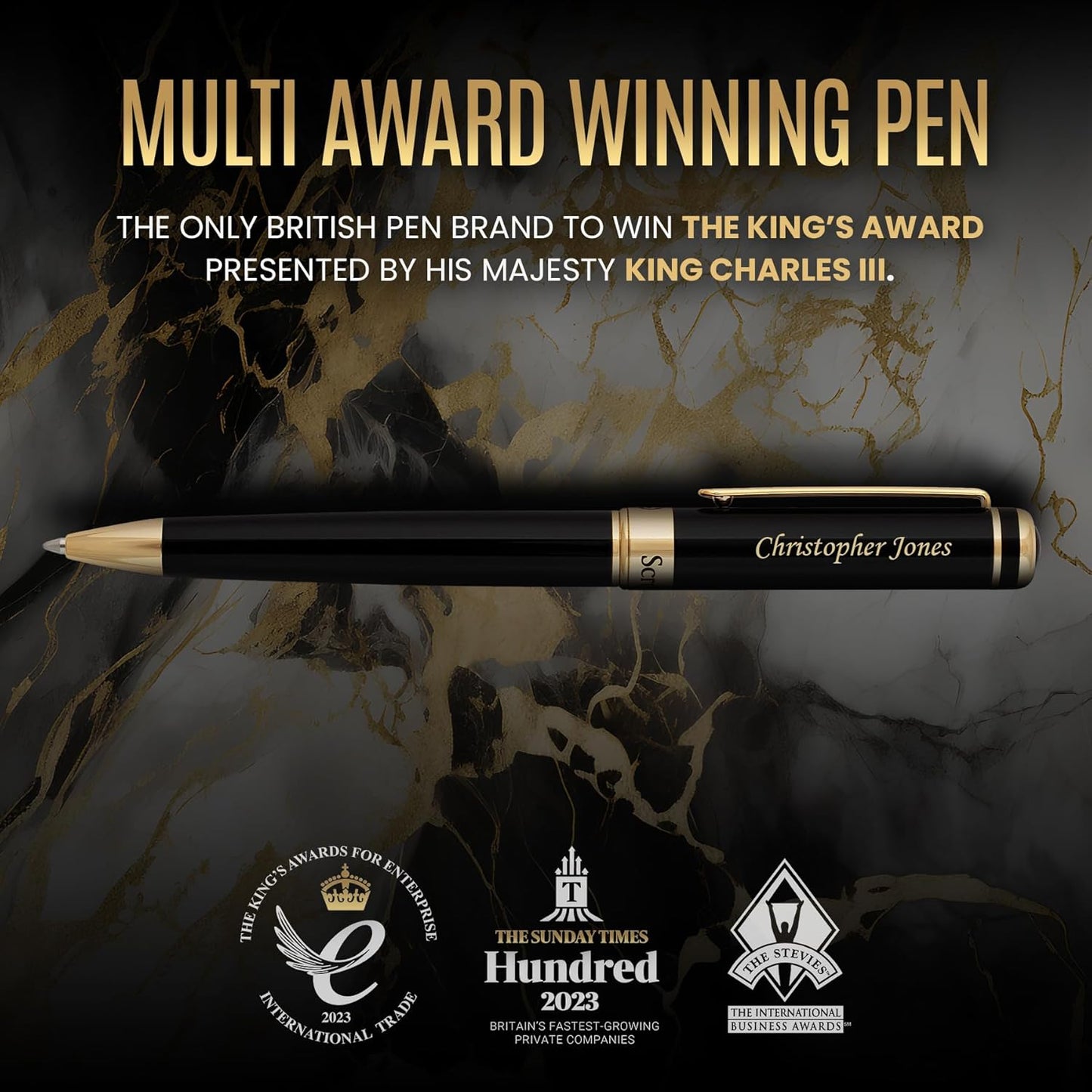 Scriveiner Personalized Black Ballpoint Pen - Stunning Luxury Pen, Jet Black Lacquer, Real Gold Plating, Schmidt Ink Refill, Best Engraved Ball Point Gift Set for Men & Women, Custom Name Engraving