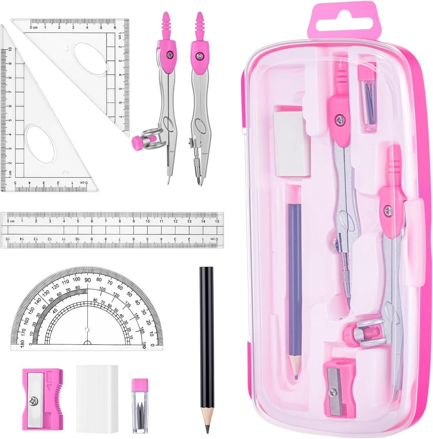 Zonon Math Geometry Set 10 Pcs Student Supplies with Shatterproof Storage Box, Includes Rulers Protractor Compass Pencil Sharpener Lead Refills Eraser Pencil for Drafting and Drawings(Pink)