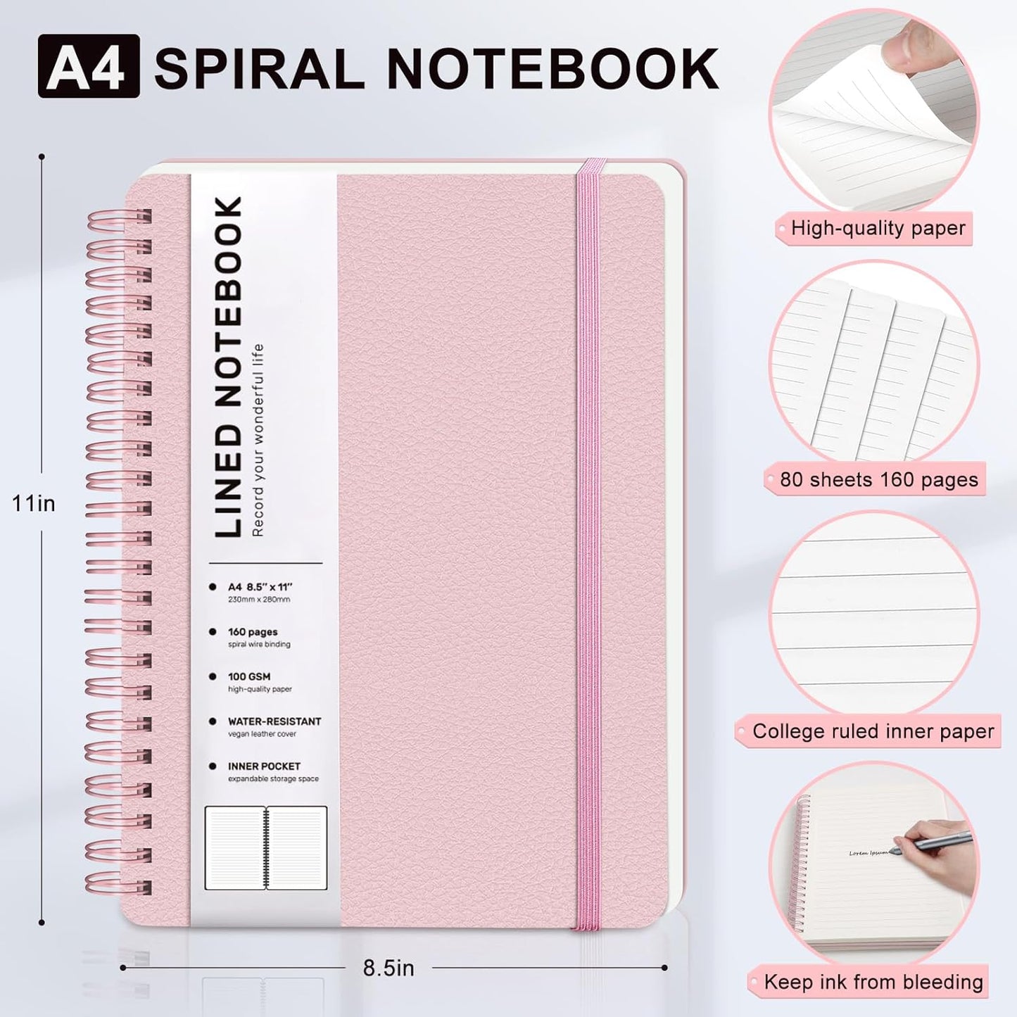 Lined Spiral Journal Notebook, A4 Hardcover Leather Notebook for Work, 8.5''×11'', 100GSM Thick Paper Spiral Bound Journaling Notebooks for Women & Men Office School Note Taking Business, Pink