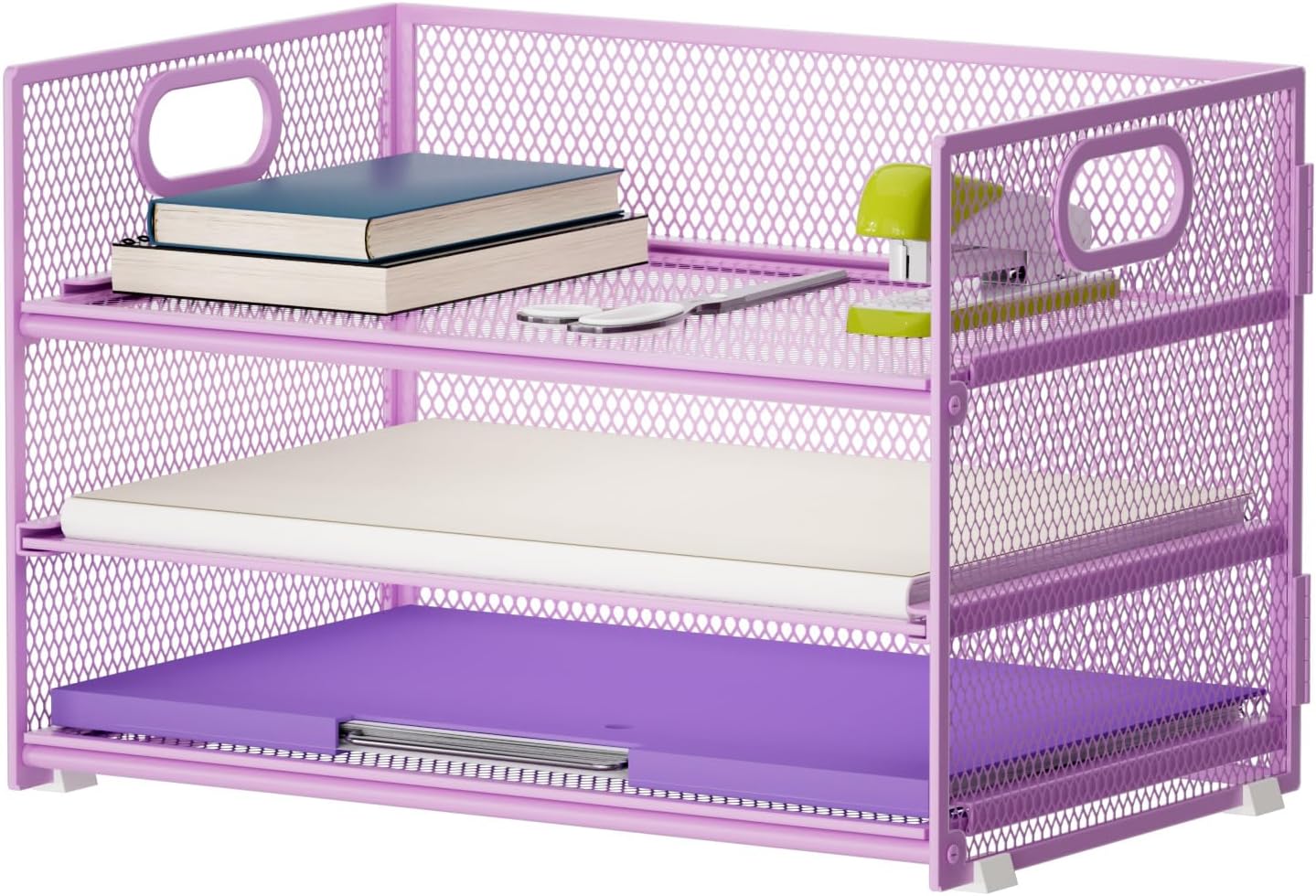 Marbrasse 3 Tier Paper Organizer Letter Tray, Mesh File Organizer with Handle, Paper Sorter Desk Organizer for Home Office Supplies(Purple)