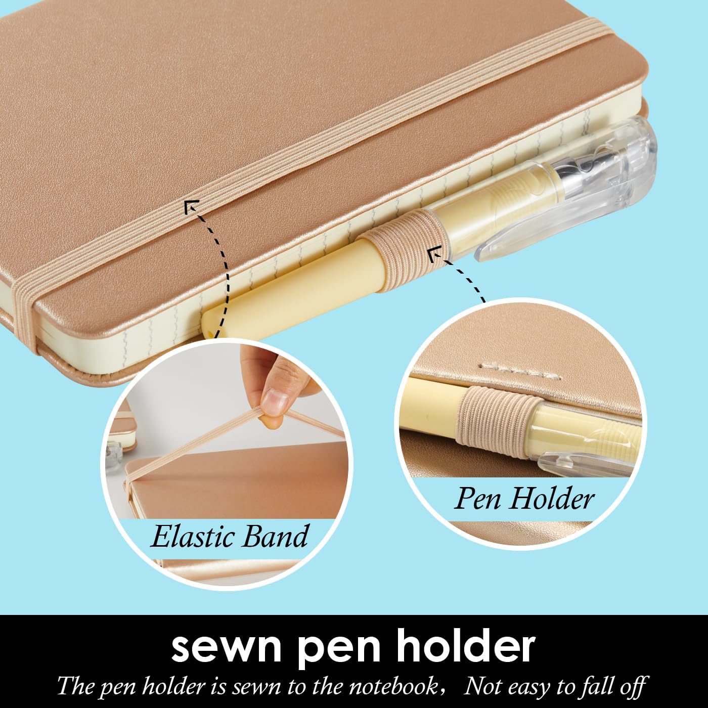 3 Pack Small Notebook 3.7" x 5.7" with Pen, Mini Pocket Size Journal Notepad 100GSM Thick Paper No Bleed, 408 Pages, Note Pad Note Book for Work, Champagne Gold