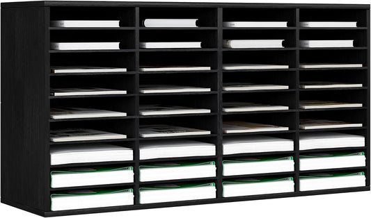 EasyPAG Mail Organizer Countertop, Wood Literature Organizer with Adjustable Shelves, Student Classroom Mailbox for School, Desktop Paper Sorter for Office Home, 36 Compartments, Black