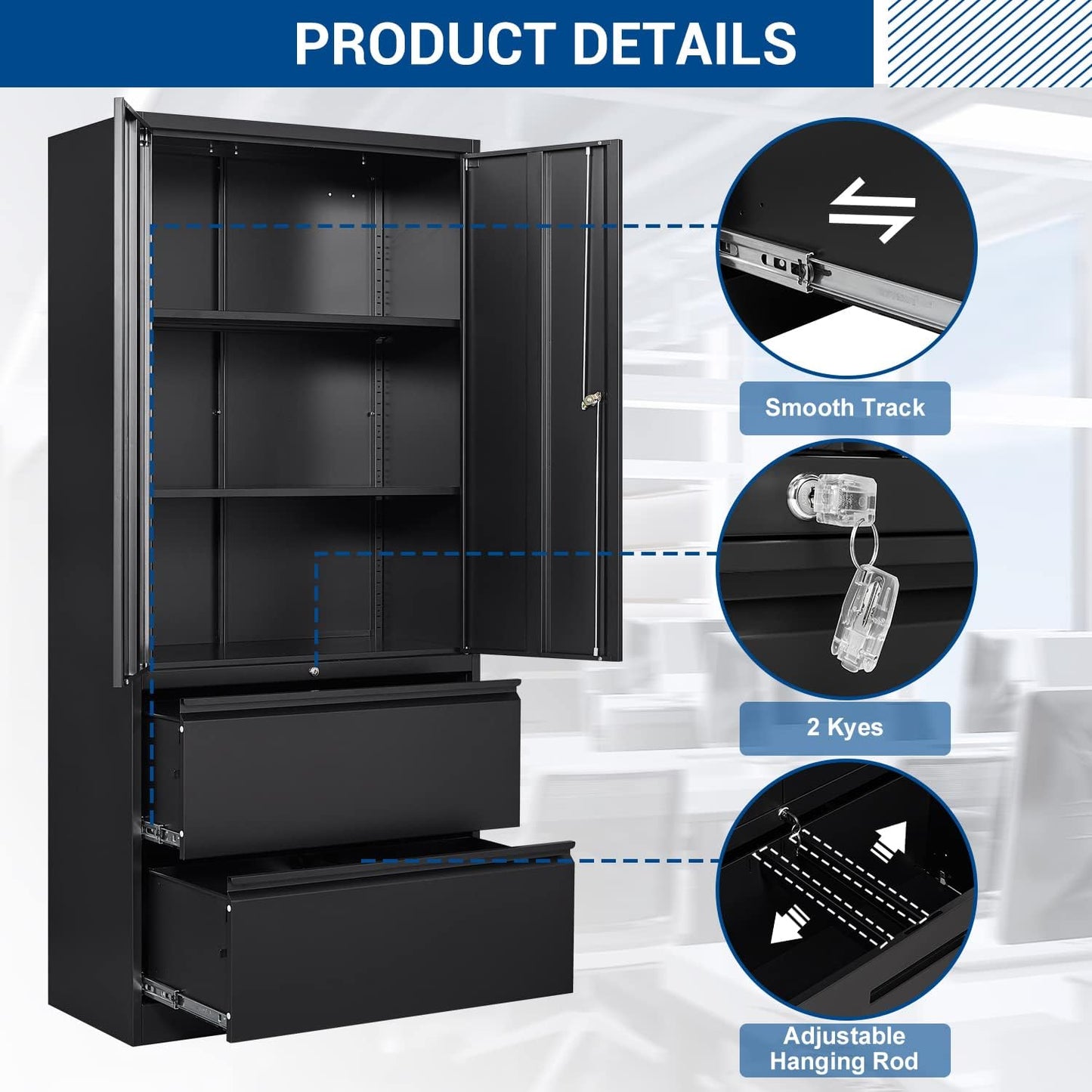 Metal Cabinets with Lockable Drawers and Doors Lateral File Cabinets Steel Filing Lockers Book Case for Home Office Hanging Files Letter/Legal/F4/A4 Size