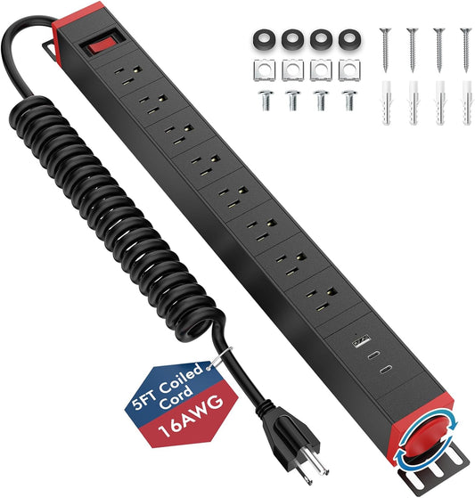 8 Outlet Surge Protector Power Strip,360° Rotatable Mounting,PD 20W USB C Fast Charging, Mountable Powerstrip Metal with 5FT Colied Cord for Home Office Industrial Garage Commercial